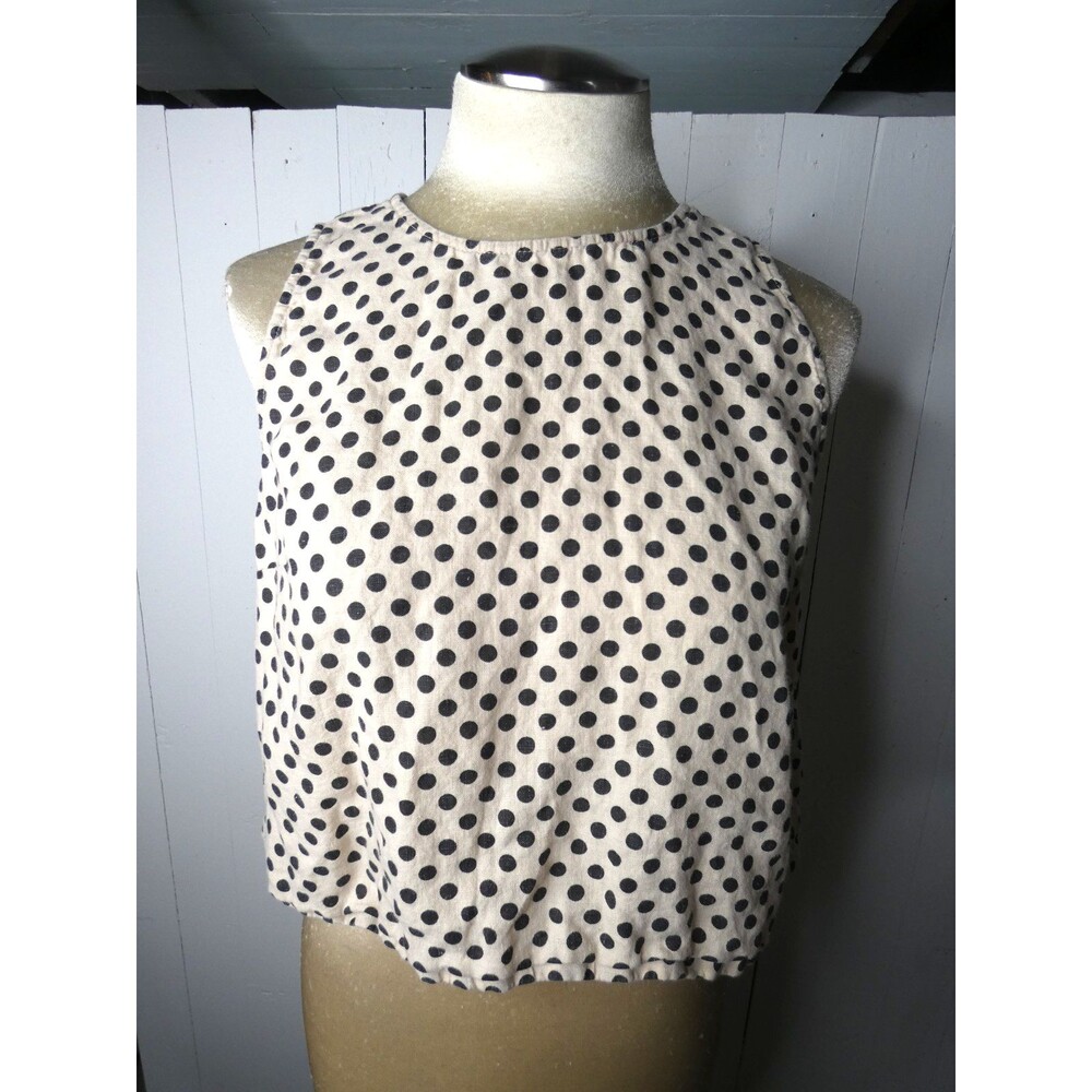 J Crew Women's M 100% Linen Crop Tank Top Boxy Beige Black Polka Dot Button Back